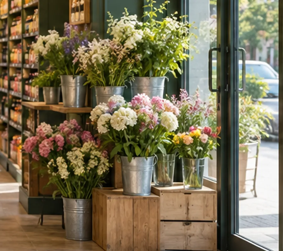Buckets of fresh cut flowers by the shop entrance