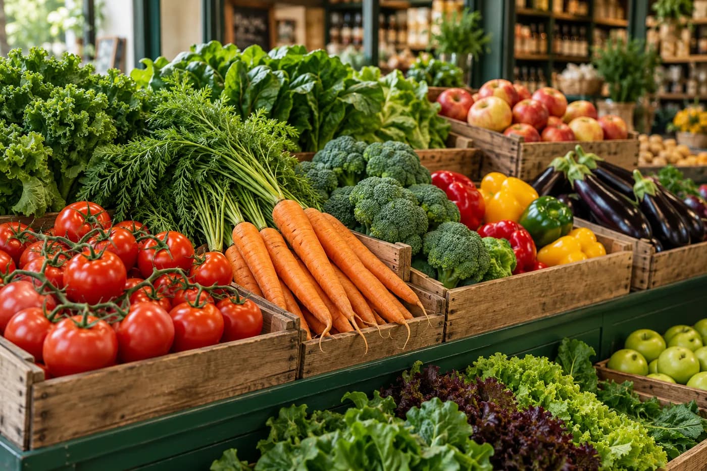 Crates of fresh tomatoes, carrots, peppers and salad leaves in the shop